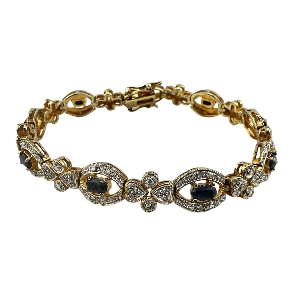 14K GP Real Diamonds Lab Sapphires Two Tone Elegant 7.5” Tennis Bracelet